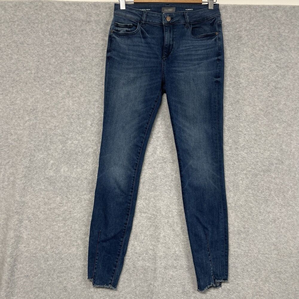 DL1961 Florence Skinny Jeans 28 Mid Rise Dark Wash Raw Hem Ankle Stretch Blue